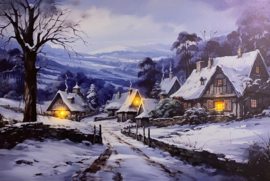 Schilderij met verlichting - 4 Huizen aan landweg in de bergen - 3 x LED - 60 x 40 cm  KW2130