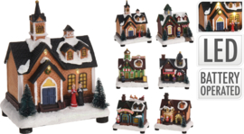 Kersthuisjes met ledverlichting - 6 assortie - H=13-15cm - B/O  KH0530