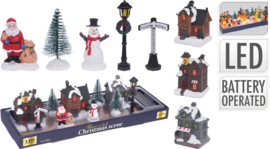 Kersthuisjes met led - figuren - boompjes - 10dlg - B/O  KH0305