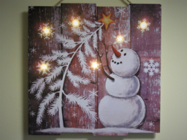 Wandbord hout met verlichting - 40x40x2,2cm - 6 x LED - Sneeuwpop -  KW5060
