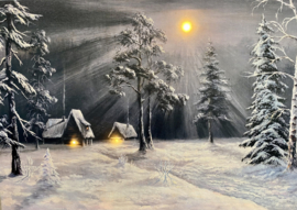 Schilderij met verlichting - Huis in bos bij maneschijn - 3 x LED - 60 x 40 cm - KW2070