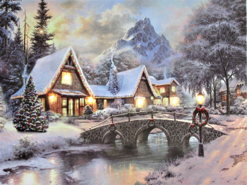 Schilderij met verlichting - Huizen brug - 6 x LED - 40 x 30 cm - | Schilderijen met verlichting | kersthuisjebestellen