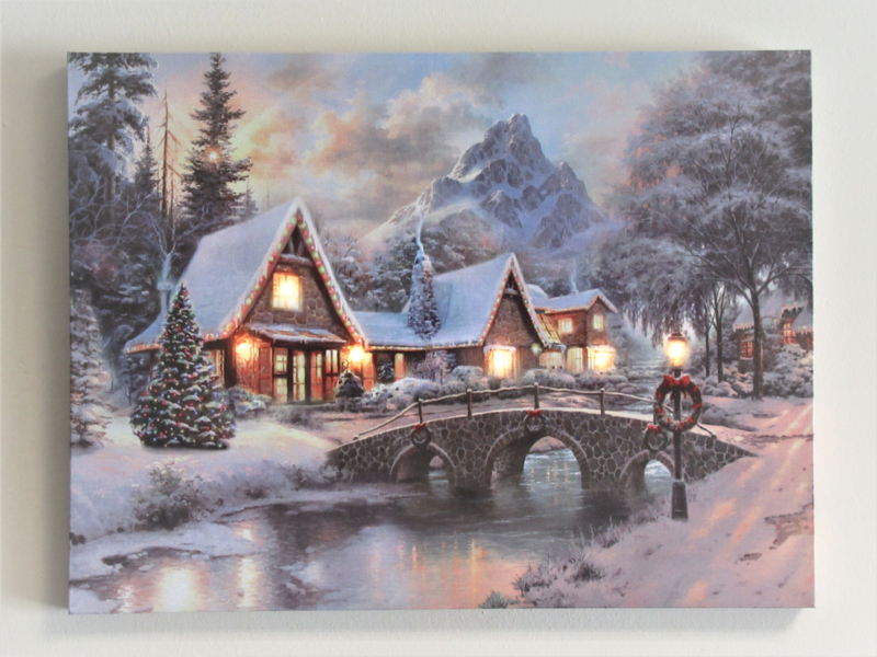 Schilderij met verlichting - Huizen bij brug - 6 x LED - 40 x 30 cm - KW3040 | Schilderijen verlichting | kersthuisjebestellen