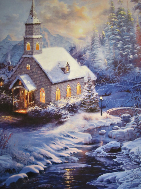 met verlichting - Kerk in winterlandschap - x LED - 40 x 50 cm - | Schilderijen met verlichting | kersthuisjebestellen