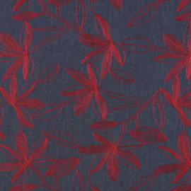 Jeanslook met broderie bloem bordeaux