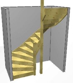 Vuren trap met onder en bovenkwart + afloopboom (rechts)