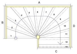 Vuren spiltrap met afloopboom (rechtsdraaiend)