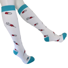 Compressie kousen - Spuit en pillen - Aqua wit blauw
