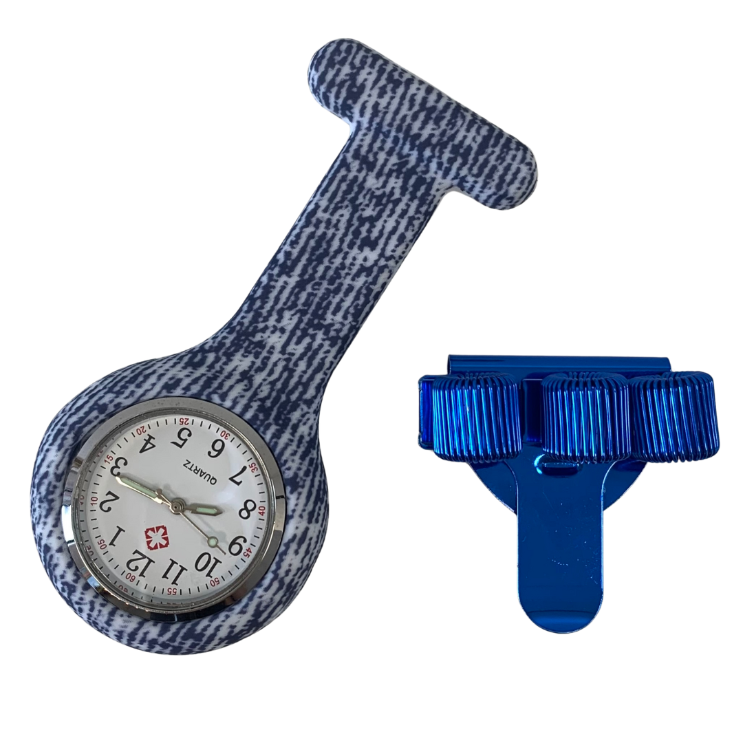 Siliconen verpleeghorloge + pennenclip Jeans Blauw