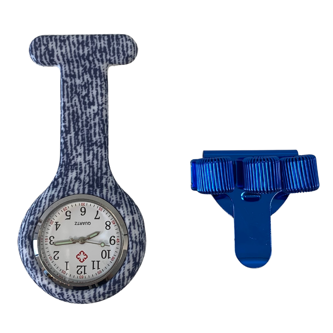 Siliconen verpleeghorloge + pennenclip Jeans Blauw