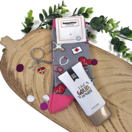 Cadeauset zorgheld op sokken - Roze/Grijs