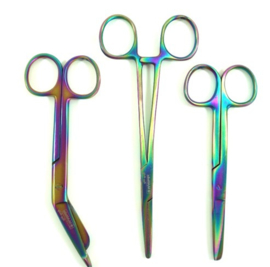 Linkshandige Scharenset Oily Rainbow 3-delig (Kocher-verpleegkundige schaar & verbandschaar)
