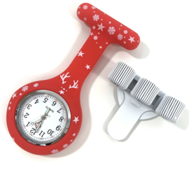 Siliconen verpleeghorloge + pennenclip Kerst Rood