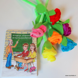 Cadeau Juf / Meester boekje onderwijs + bloempen roos stof