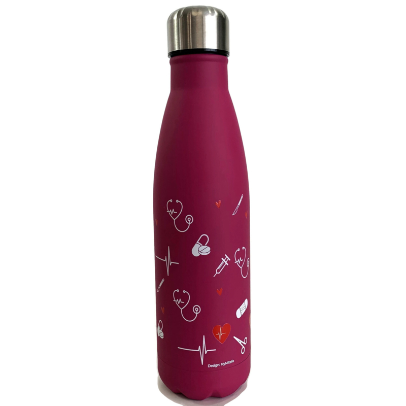 Dubbelwandige fles - zorg symbolen - Roze
