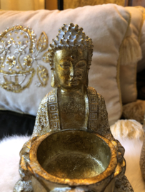 Boeddha Theelichthouder Wit Goud 14(h)cm