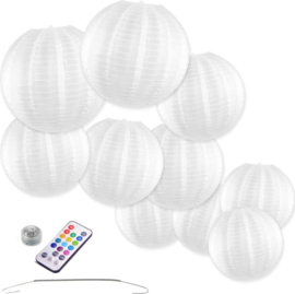 10 x Lampion en Nylon - Blanc - Incl. LED et télécommande avec crochets à ressort de suspension