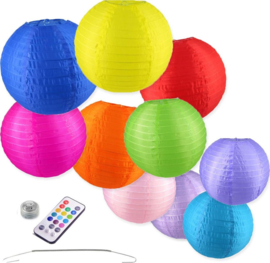 10 x Nylon Lampions - Bunte Farbe Mix - Inkl. LED mit Fernbedienung - Inkl. Haken