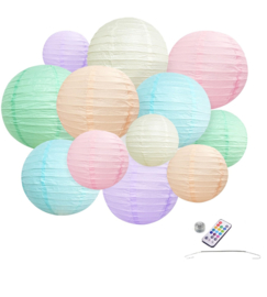 10 x Lampions en papier Pastel Mix - IGNIFUGE - avec LED et télécommande avec crochets de suspension