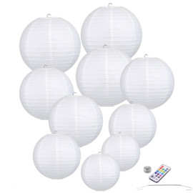 10 x Papieren lampion wit  incl LED met afstandsbediening incl ophang veerhaakjes