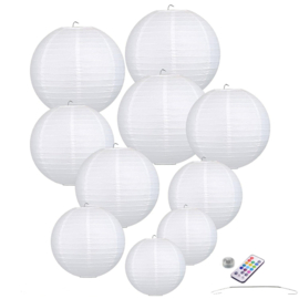 10 x Lanterne en papier blanc avec LED et télécommande avec crochets de suspension