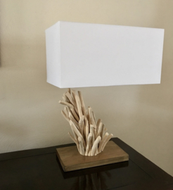 Design Lamp " Mokuzai 木材" van massief hout en stoffen kap , Nieuwe collectie