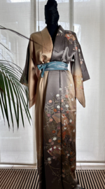 Volledige zijden kimono "Golden fans with flower"