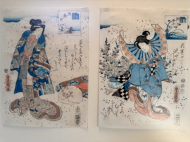 2 Antieke Japanse prenten van Kunisada, in luxe lijst met ontspiegeld glas.