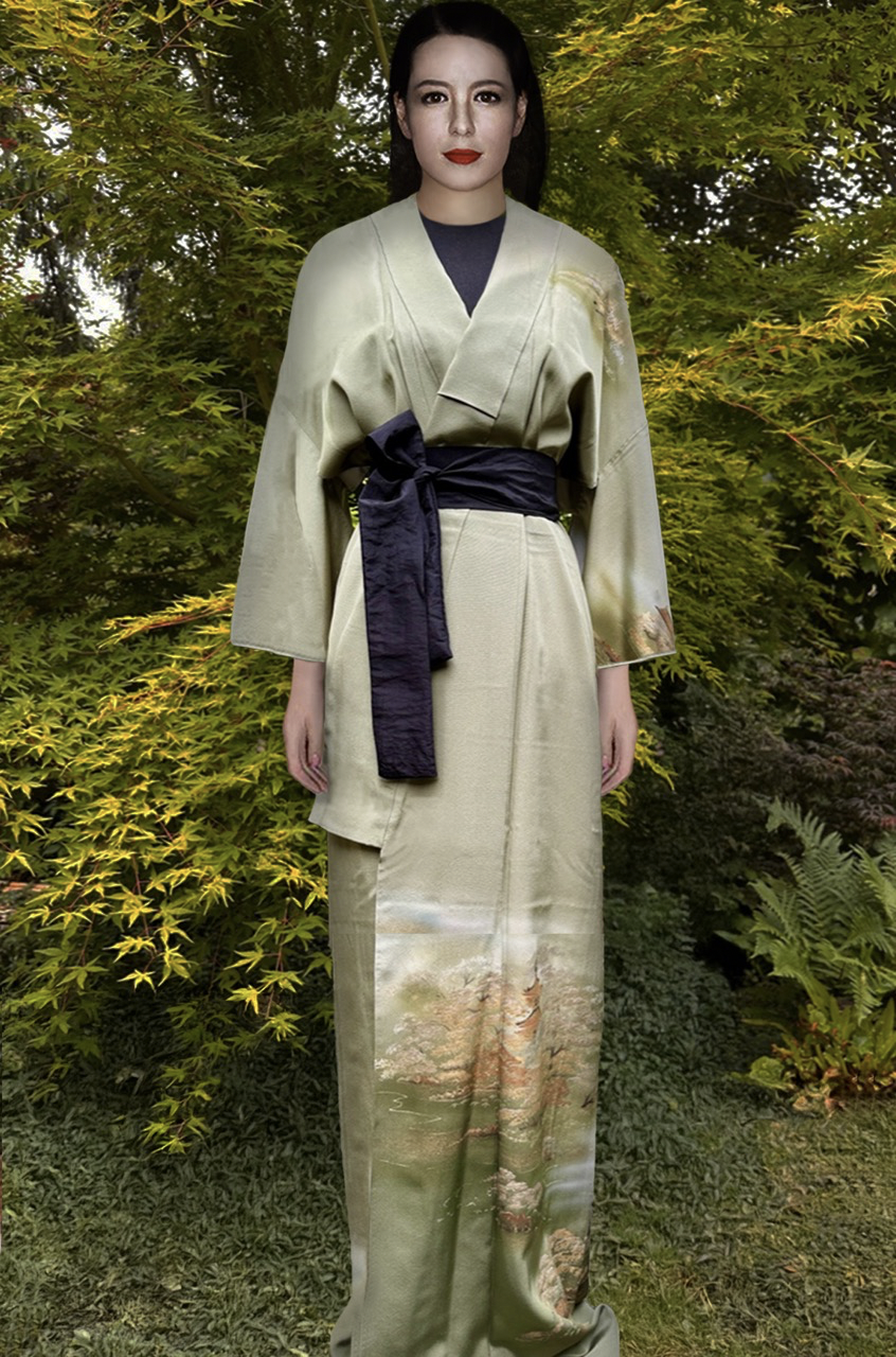 Zijden kimono " Lentegroen met Japans landschap"