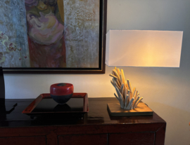 Design Lamp " Mokuzai 木材" van massief hout en stoffen kap , Nieuwe collectie