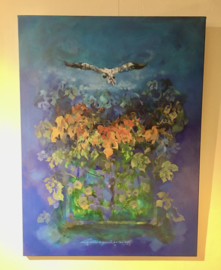 "Flying Bird in blue" olieverf op doek 90-120 cm.