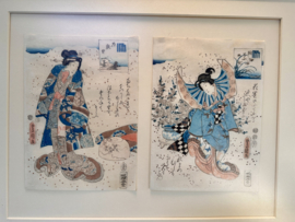 2 Antieke Japanse prenten van Kunisada, in luxe lijst met ontspiegeld glas.