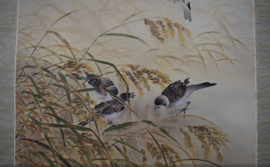 Rolschildering Herfst tafereel " scharrelende musjes in maïsveld"