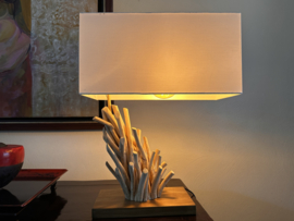 Design Lamp " Mokuzai 木材" van massief hout en stoffen kap , Nieuwe collectie