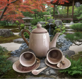 Thee / koffie setje in Japans celadon porselein met bambou