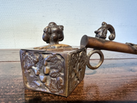 Antiek Japans zeldzaam inktpotje met penseelhouder , brons