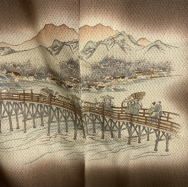 Handgemaakte zijden kimono " Taferelen in Japans landschap"