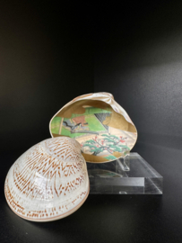 Kai-awase natuurschelp met handgeschilderde Japanse taferelen aan de binnenkant.