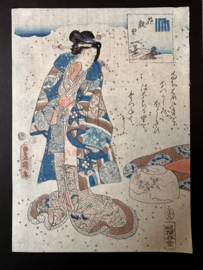 2 Antieke Japanse prenten van Kunisada, in luxe lijst met ontspiegeld glas.