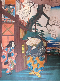 Antieke ( ± 1860) Japanse houtsnede in luxe lijst met passe-partout "Rendez-vous onder de kersenbloesem" ". Hiroshige