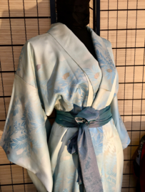 Kimono centuur ( Obi ) met verstevigd middenstuk, zwart/blauw/ rood en bronskleur