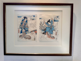 2 Antieke Japanse prenten van Kunisada, in luxe lijst met ontspiegeld glas.