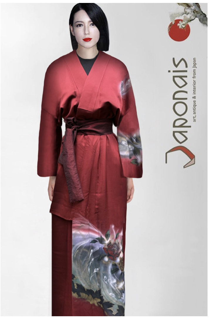 Zijden kimono " Pauw met pioenrozen"