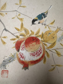 Japanse penseeltekening "Bird with pomegranate " Taïsho periode ± 1930
