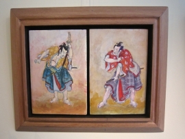 "Kabuki-actors"  diptiek op houten paneel, tempera techniek 47-39 cm incl.fraaie houten ljst.