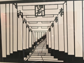 Tori poorten in Kyoto, Japanse knipkunst in papier inclusief lijst houten lijst en passe-partout , 51 - 42 cm.