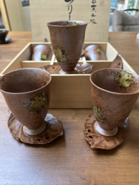 Thee / koffie mokjes met aparte gietijzeren trivets "Herfstblaadjes" in houten kado kistje