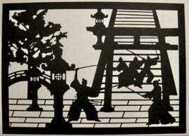 Japanse knipkunst in houten lijst en passe-partout " Aïkido-sport".