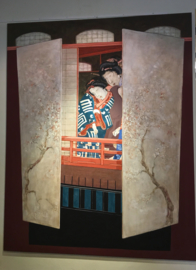 Schilderij " Geisha's uitkijkend op de keizerlijke tuin met kersenbloesem"