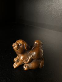Netsuké uit buxushout " Akita hondje met puppy"